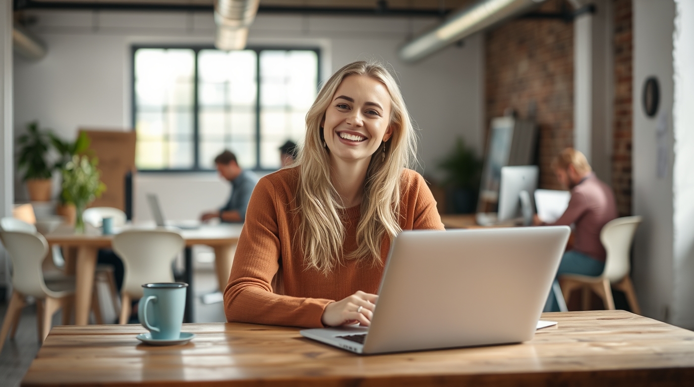 Frau trinkt Wasser am Arbeitsplatz