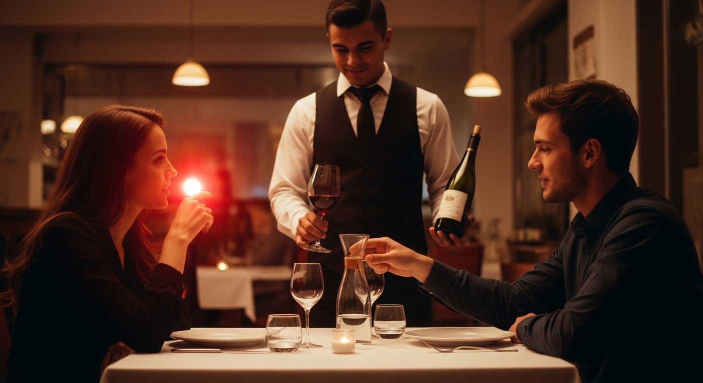 Ein Mann und eine Frau trinken Wasser im Restaurant