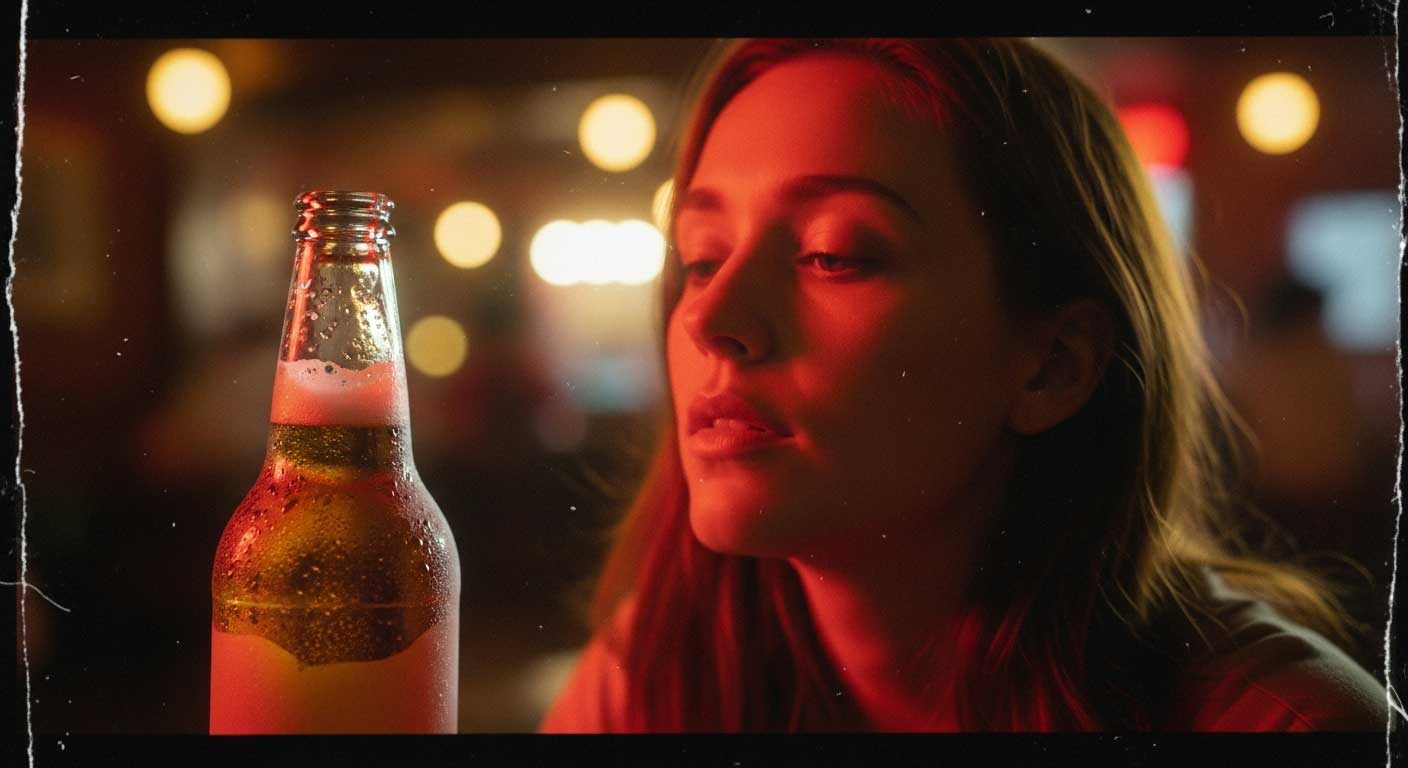 Frau guckt auf Bier
