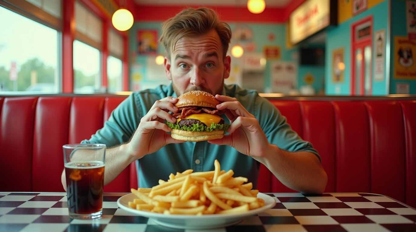 Ein Mann ist im Fastfood-Restaurant einen Burger