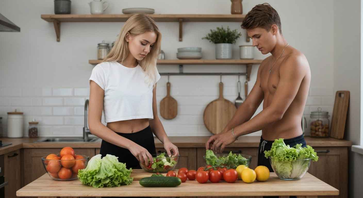 Ein junges Pärchen bereitet frischen Salat zu. Zuckerfreie Ernährung