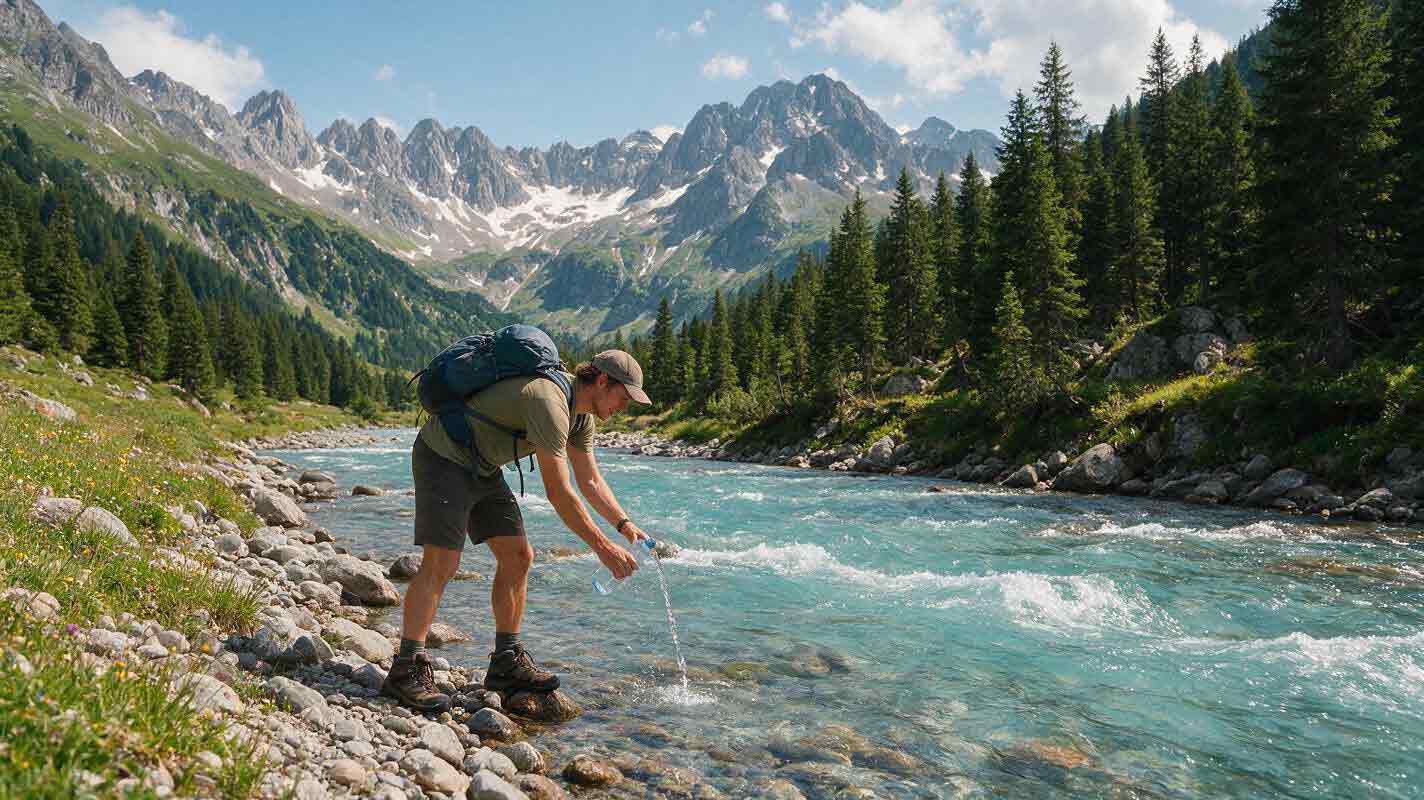 Ein Wanderer füllt sich Bachwasser ab
