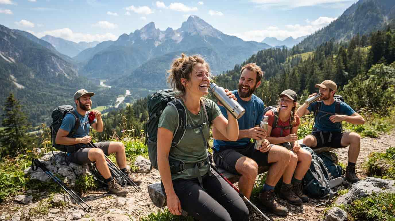 Wanderer machen Pause und trinken Filterwasser
