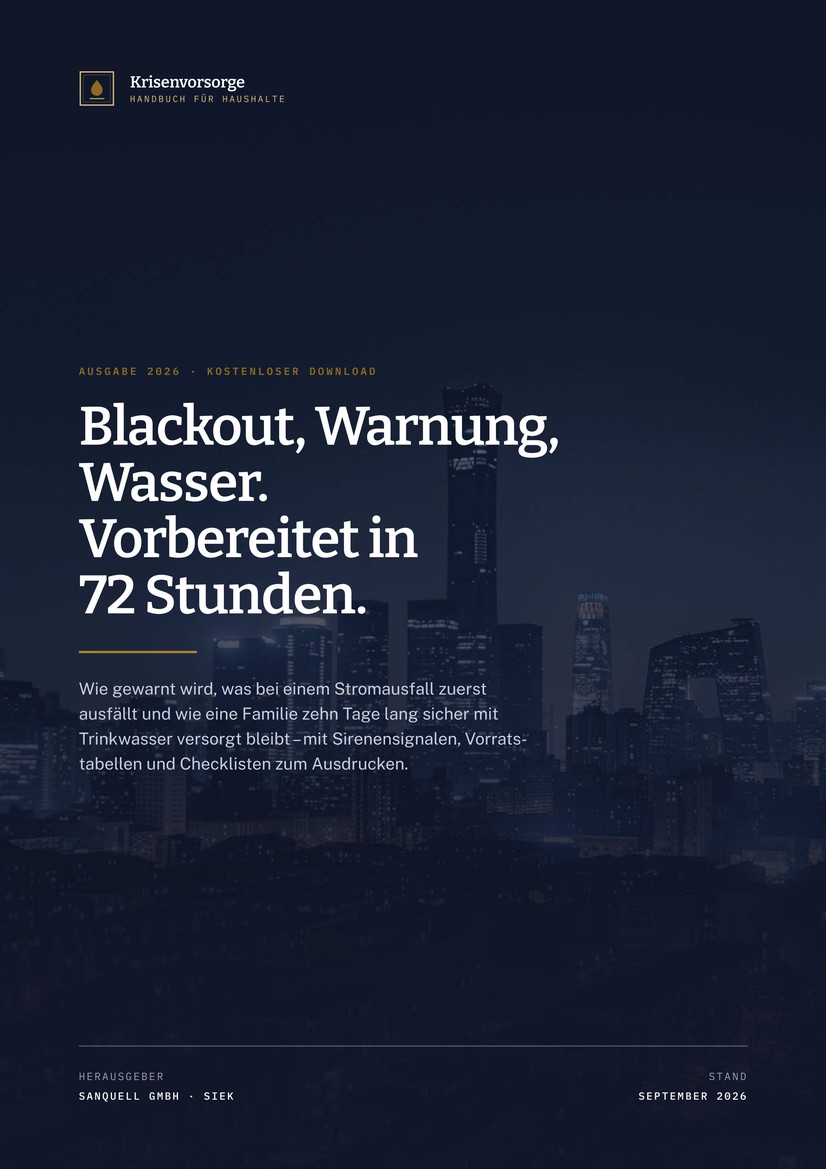 Titelseite des Sanquell Handbuchs Krisenvorsorge: Blackout, Warnung, Wasser — Vorbereitet in 72 Stunden