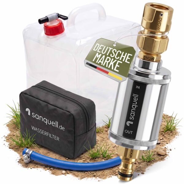 Explorer HYBRID Wasserfilter Outdoor Lieferumfang mit 10-Liter-Kanister, PET-Flaschenadapter und Filter im Metallgehäuse