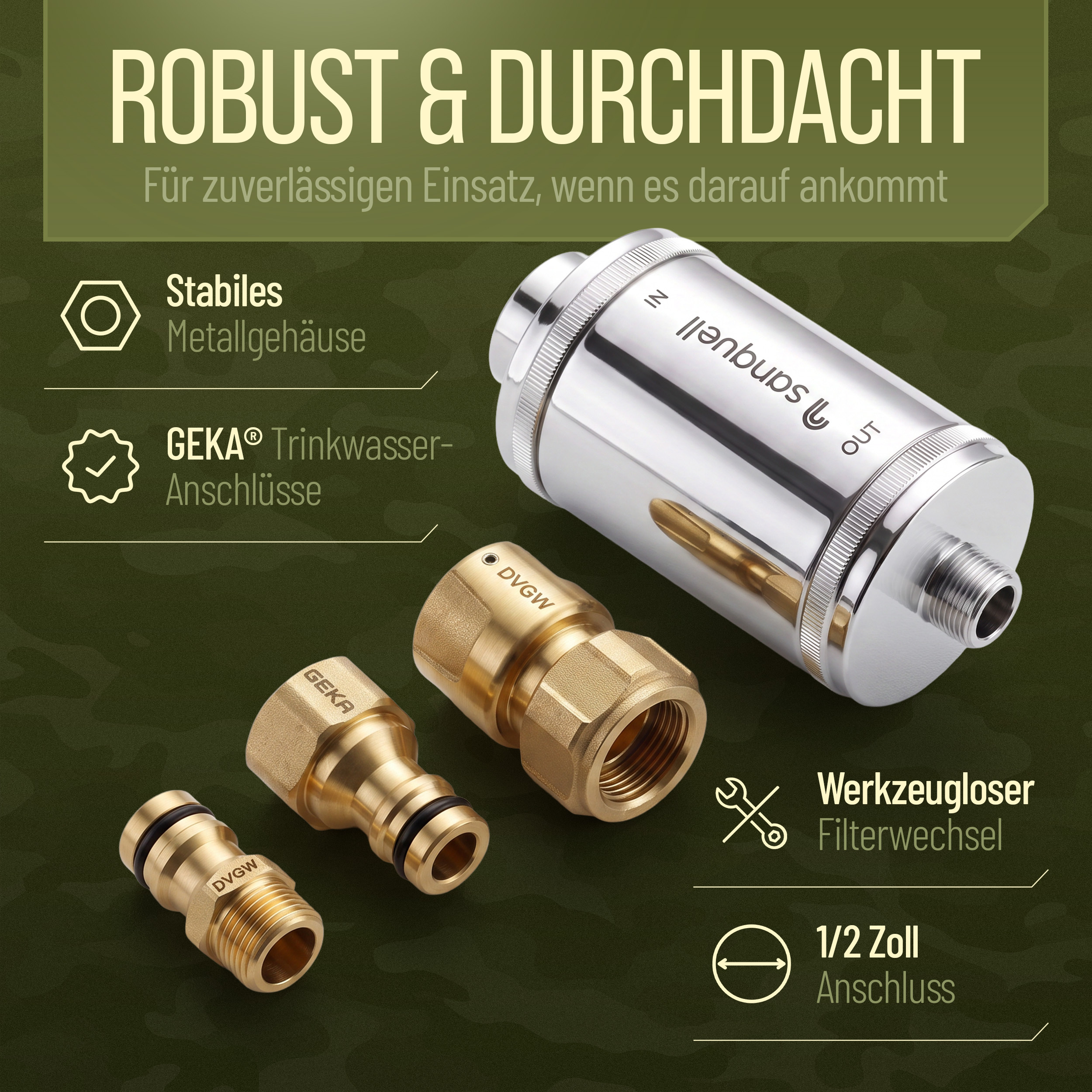 Grafik: robustes Metallgehäuse, GEKA-Trinkwasser-Anschlüsse, werkzeugloser Filterwechsel und ½-Zoll-Anschluss
