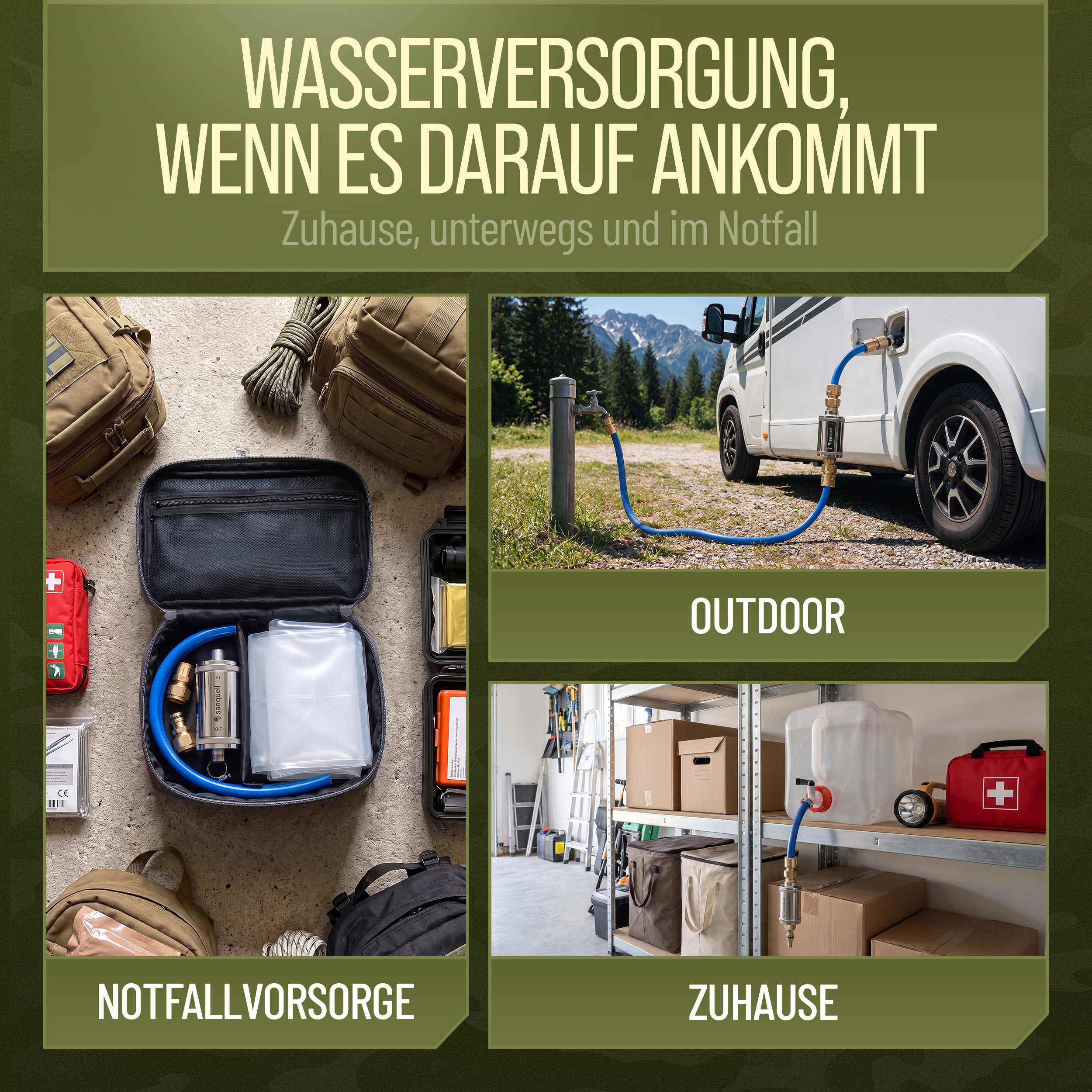 Drei Einsatzbereiche des Explorer HYBRID: Notfallvorsorge im Fluchtgepäck, Outdoor am Wohnmobil und zu Hause im Vorratsregal