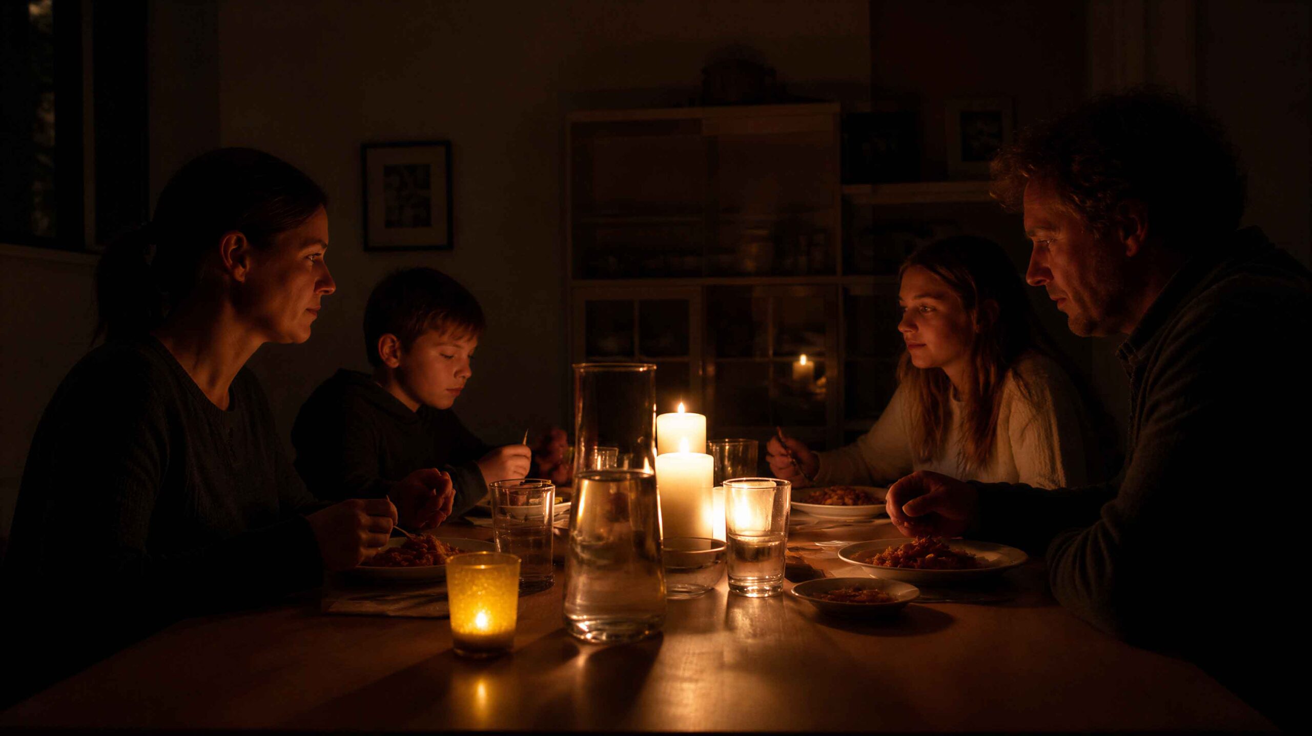 Familie sitzt am Esstisch Stromausfall