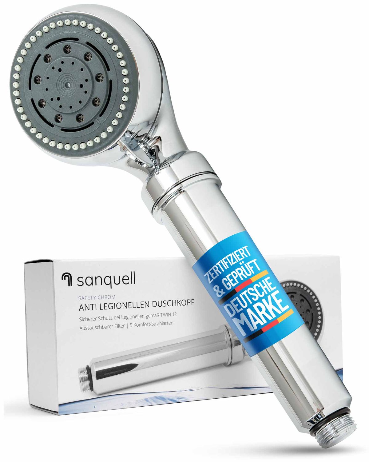 Sanquell Legionellenfilter Duschkopf Safety Chrom mit Verpackung